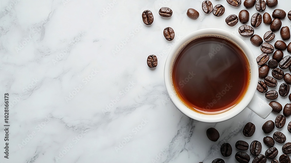 Poster cup of black coffee with coffee beans on marble table copy space top view : generative ai