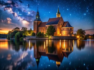 Obraz premium Night Photography of Storkyrkan Church Isle: Stunning Architectural Details, Illuminated Facade, and Serene Reflections in Water, Capturing the Essence of Historic Landmarks in Evening Lights
