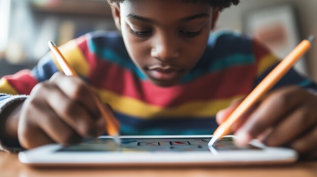 A student using an educational app on a tablet to solve math problems.