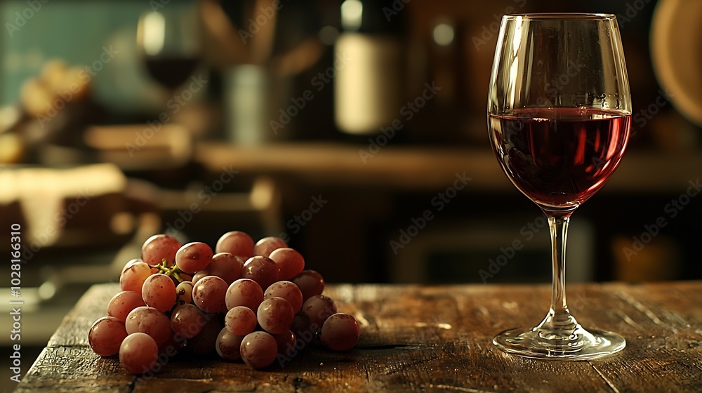 Poster glass of red wine with fresh grape on wooden table : generative ai
