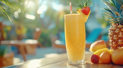 Glass of pineapple smoothie juice and fresh fruit on a outdoor tropical background : Generative AI