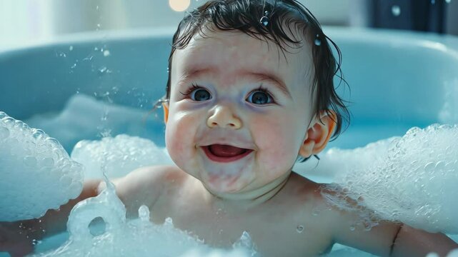 cheerful young baby boy playing with soap bubble in tub, baby baht time