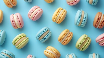 Obraz premium Macaroons dessert on blue background Flat lay composition Copy space Top view : Generative AI