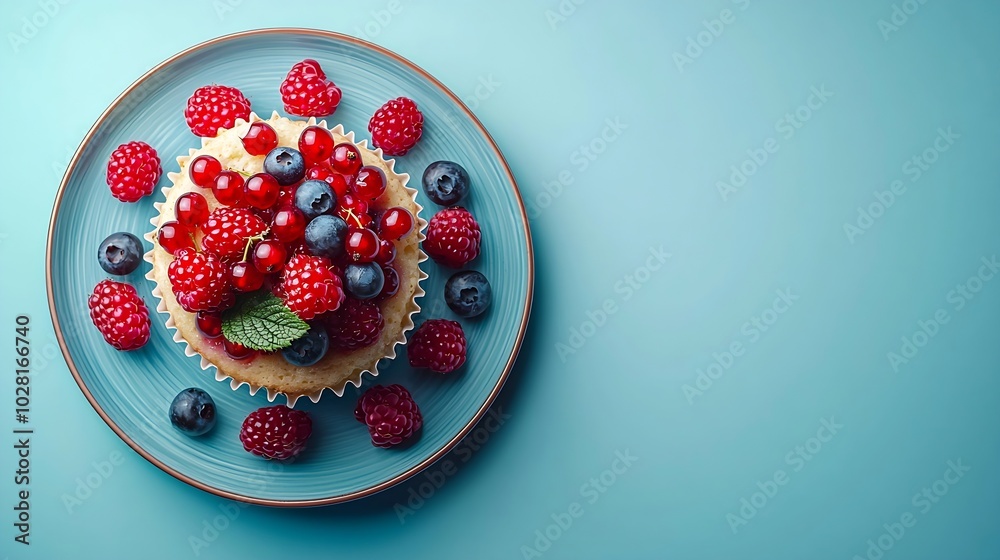 Poster muffin cake with fresh berries on a plate blue background top view : generative ai