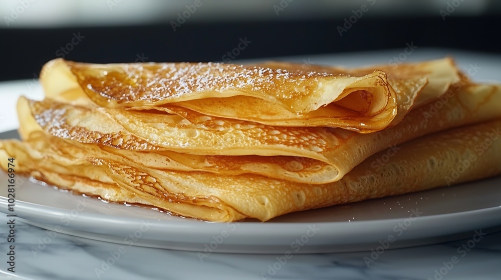 Poster crepes thin pancakes with honey on a white plate marble background close up : generative ai