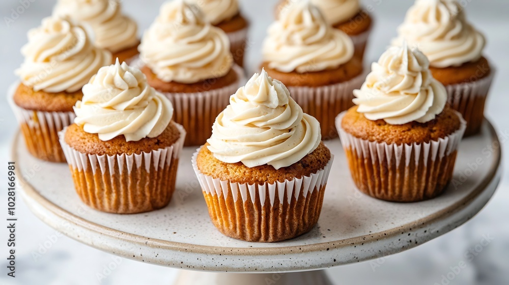 Poster Carrot cupcakes decorated with cream cheese frosting on a cake stand on a white background : Generative AI