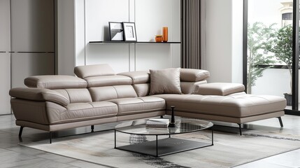 Beige leather corner sofa with chaise longue and black metal legs, paired with a glass coffee table on light gray flooring, modern living room with wall shelf for photo frames, captured in high-defini