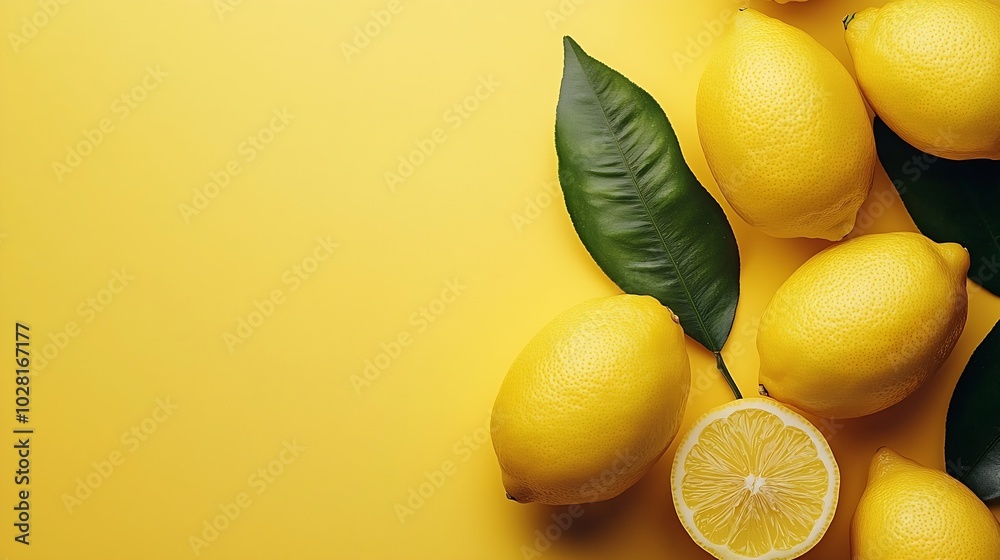 Poster fresh lemons on yellow background copy space top view : generative ai