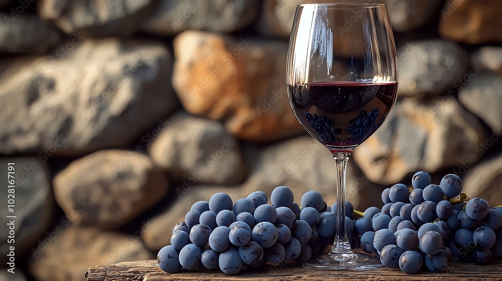 Poster glass of red wine and grape stone wall background wooden table close up : generative ai