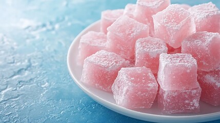 Turkish delight lokum rose flavour in a white plate Blue background Top view : Generative AI