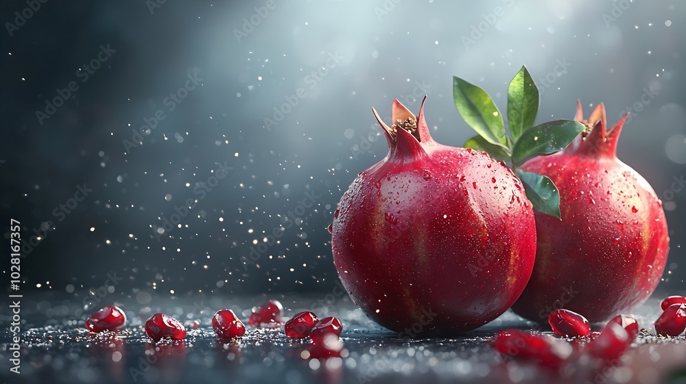 Poster pomegranates fruits with seeds dark grey background close up : generative ai