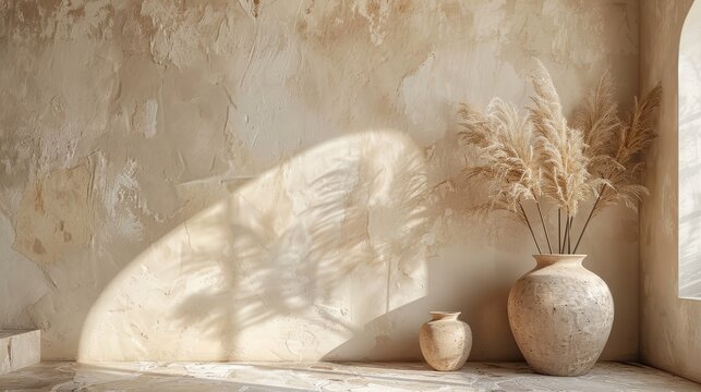 Beige wall with subtle texture and two decorative vases on the right, featuring neutral tones in a boho style, captured in ultra-detailed, high-resolution photography.