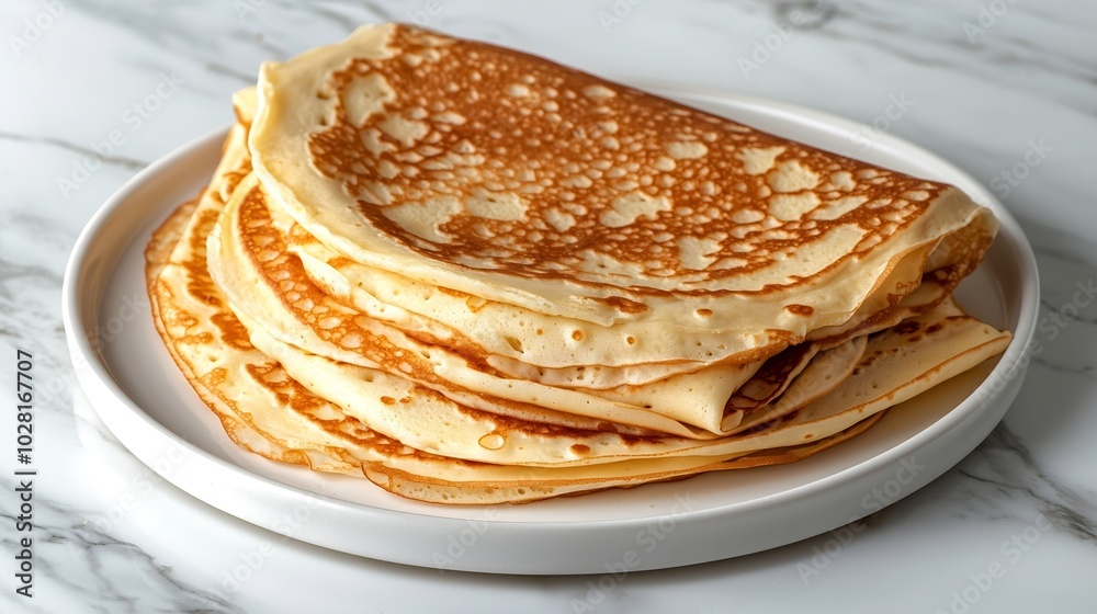 Poster crepes thin pancakes with honey on a white plate marble background top view : generative ai