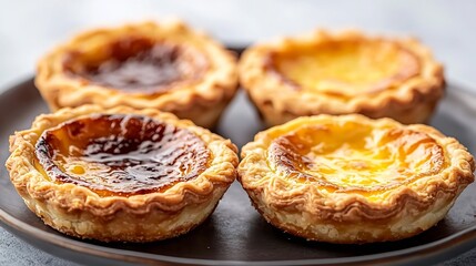 Egg tart traditional Portuguese dessert pastel de nata pasteis on a plate Grey stone background Copy space : Generative AI