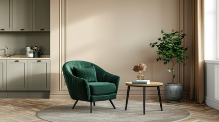 Small apartment interior featuring a beige wall with decorative trim, a green armchair, and coffee table near a kitchenette, all set on grey carpet flooring in high-definition photography.