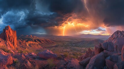 Fototapeta premium Dramatic sunset over rocky desert landscape