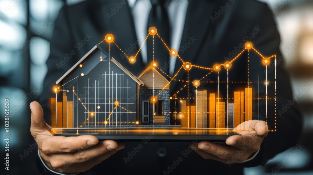 Wall mural real estate investment growth businessman holding house model and graph on tablet