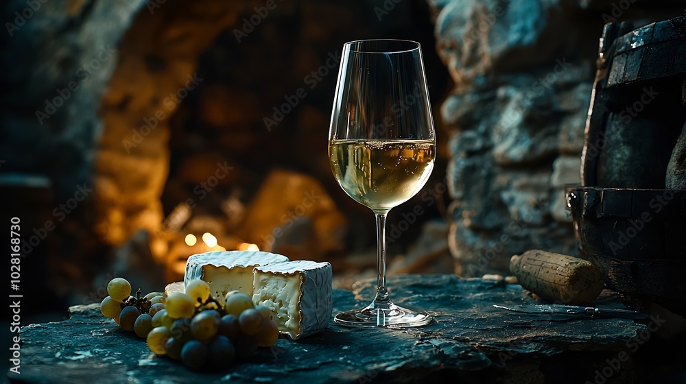 Aufkleber Glass of white wine and assorted cheese with grape on a stone and slate backgroundCopy space : Generative AI