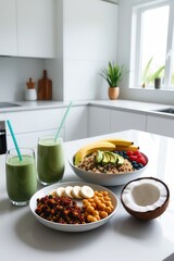 Table set with smoothies, granola bowls, and fruit slices