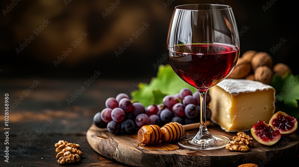 Poster red wine in glass with cheese honey nuts and grape on a cutting board wooden background : generative