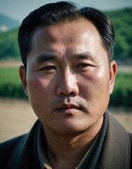 Fototapeta premium Portrait of a middle-aged North Korean man in a formal setting, showcasing the traditional clothing style and serious expression, indicative of his cultural background. Generative AI