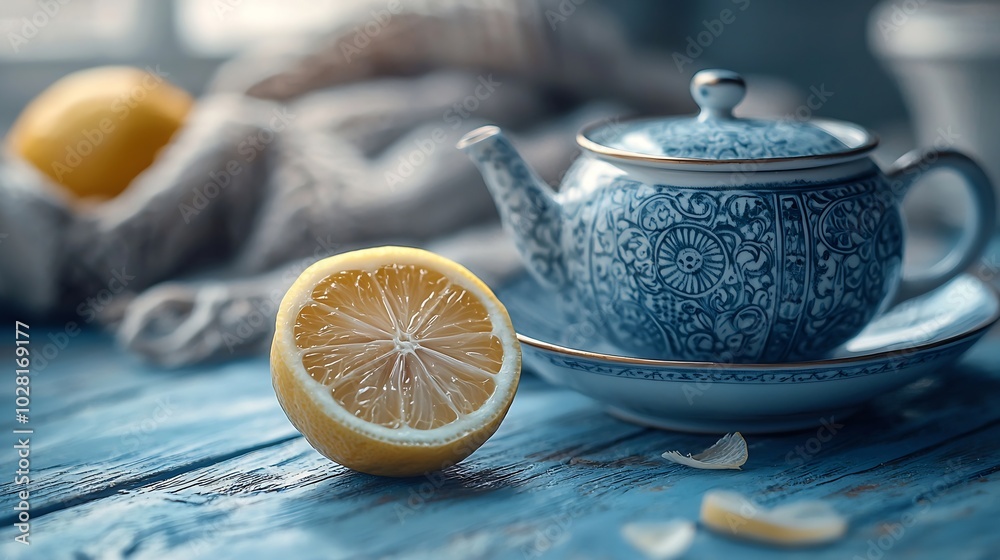 Poster tea cup and pot with lemon grey background close up : generative ai