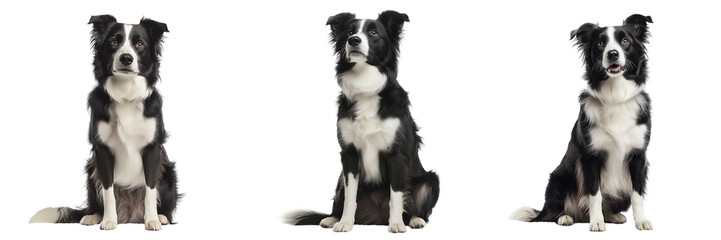 A black and white Border Collie sitting upright, isolated on a transparent background