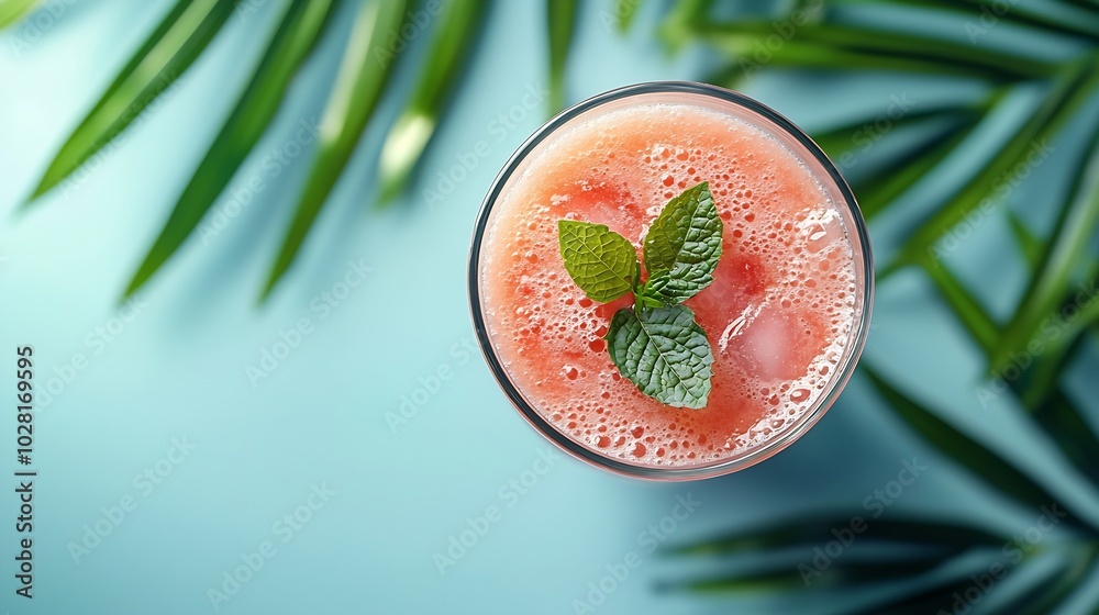 Poster watermelon smoothie fresh juice on blue background with palm leaf top view : generative ai