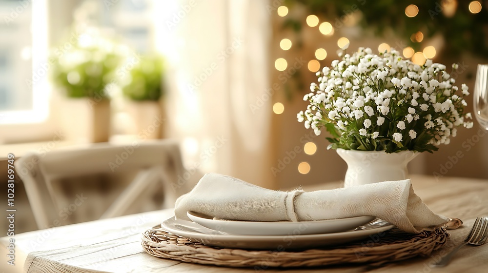 Poster Breakfast setting table blurred background Dishware and flowers Copy space : Generative AI