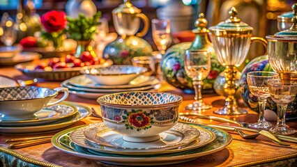 Realistic Macro Photography of an Extensive Tableware Set Featuring Elegant Dishes, Fine China, Glassware, and Utensils, Perfect for Dining and Table Setting Inspiration