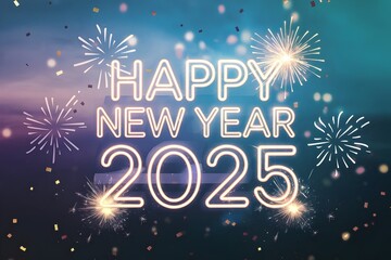 Glowing Happy New Year 2025 celebration with fireworks and confetti. neon text against a dark sky. Perfect for holiday greeting cards, posters, flyers or banner.
