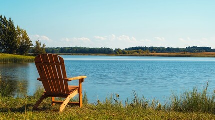 Obraz premium Wooden chair facing tranquil lake under blue sky
