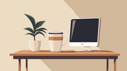 Simple Coffee Cup Icon on Desk with Monitor and Plant