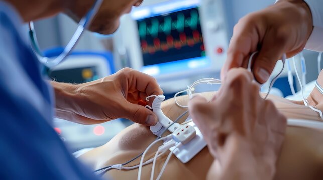 Close-up of a doctor's hands attaching ECG electrodes to a patient's chest, Generative AI illustrations.