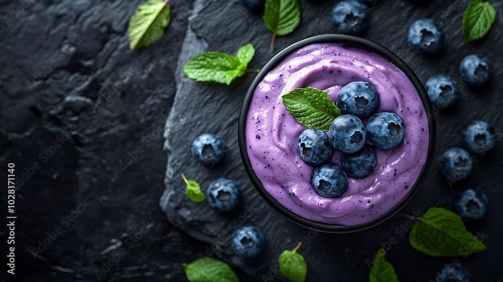 Poster Berry acai smoothie with fresh blueberries on a black stone background Top view Copy space : Generative AI