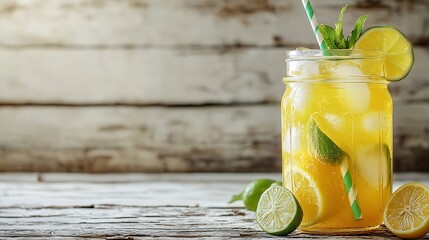 Lemonade with ice lemon and lime slices in a jar with straw in a white summer wooden background : Generative AI