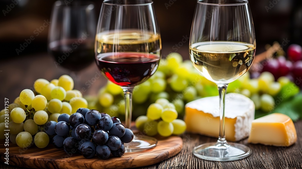 Poster assortment of cheese grapes with red and white wine in glasses stone and wood background close up co
