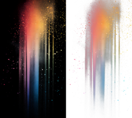 Gradient Color Powder Rain with Iridescent Splashes on white, black, transparent background. PNG