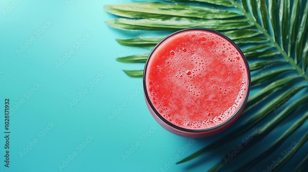 Poster watermelon smoothie fresh juice on blue background with palm leaf top view : generative ai