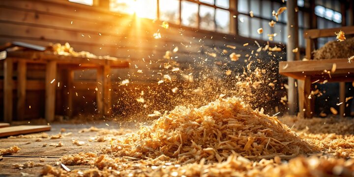 Sawdust Cascading on Wood Chips in a Rustic Workshop Setting – Capturing the Essence of Carpentry and Craftsmanship in a Serene Woodworking Environment - Powered by Adobe