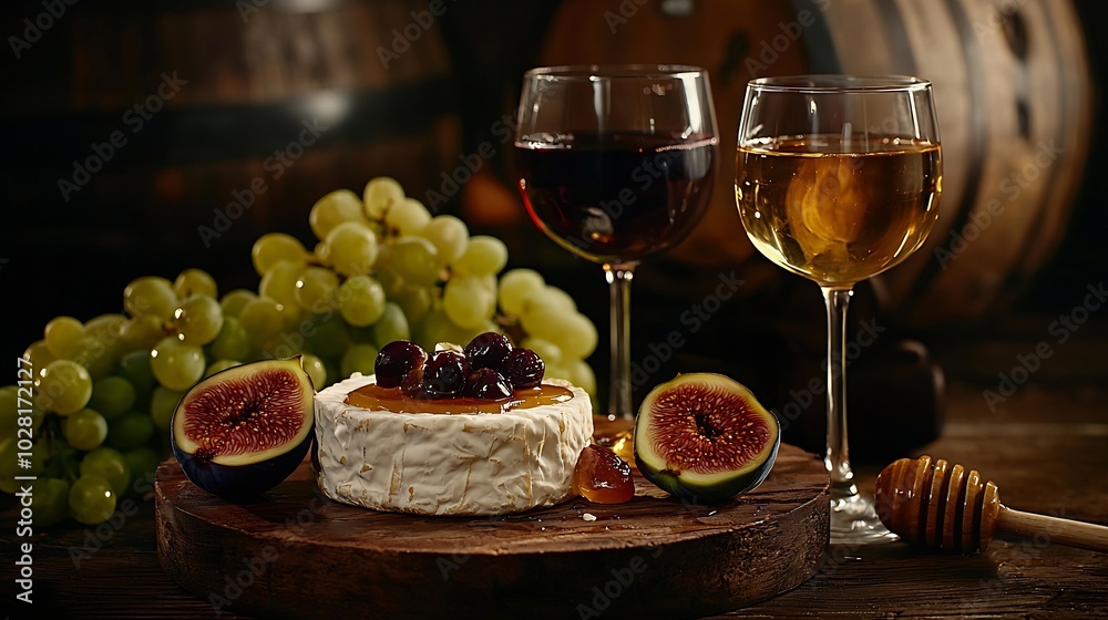 Poster grape cheese figs and honey with a glasses of red and white wine copy space : generative ai