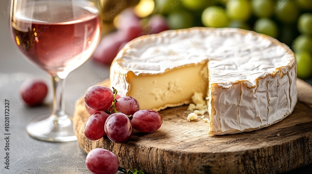 Poster brie camembert cheese with fresh grape on a wooden board with wine glass on a white background : gen