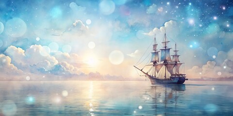 Fototapeta premium Serene pastel sea sky ship illustration with a dreamy bokeh effect, perfect for creating enchanting Asian-inspired card designs. Evokes tranquility and artistic elegance.