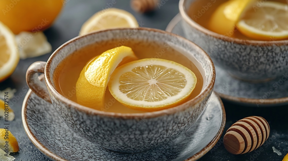 Poster ginger tea with lemon and honey grey background close up : generative ai