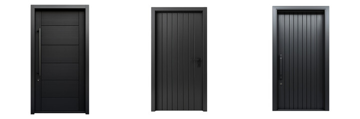 A minimalist modern black steel door with sleek vertical paneling, isolated on a transparent background