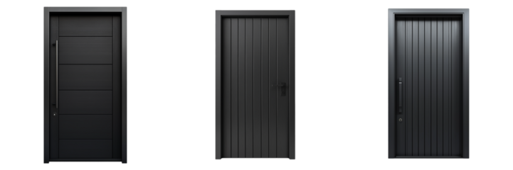 A minimalist modern black steel door with sleek vertical paneling, isolated on a transparent background
