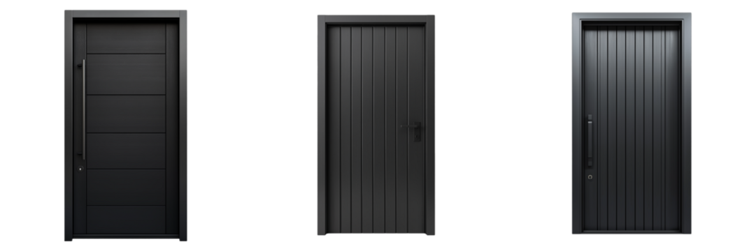 A minimalist modern black steel door with sleek vertical paneling, isolated on a transparent background