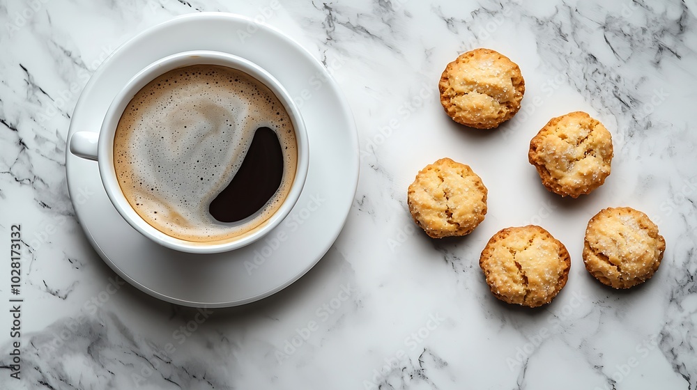 Poster cup of black coffee with amaretti cookies on marble table top view : generative ai