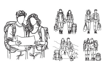 Line Art Couple Adrenaline Adventure Use Trekking Equipment Art Black and White Illustration Hand Drawn Clipart