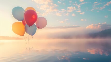Fototapeta premium A punch of children colorful baloons is flying over a lake, in a foggy weather scene with a minimalist style, Generative AI illustratiions.